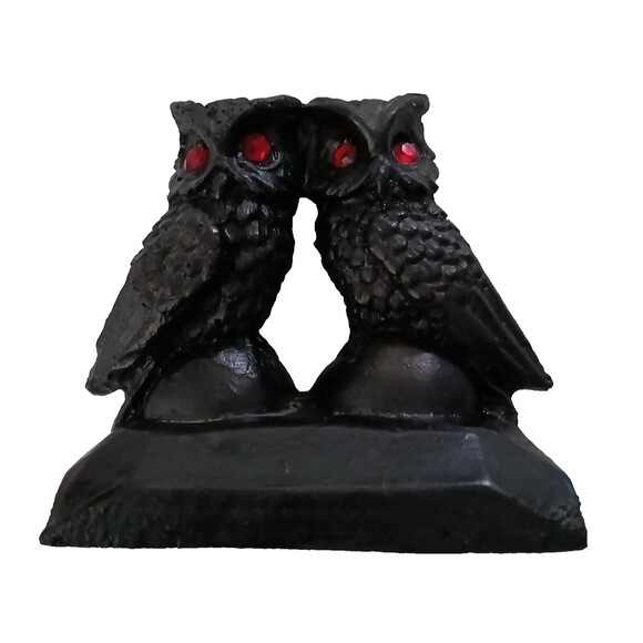 Other - Hand Crafted From Coal Pair Of Owls Mates Statue Black With Red Rhinestone Eyes